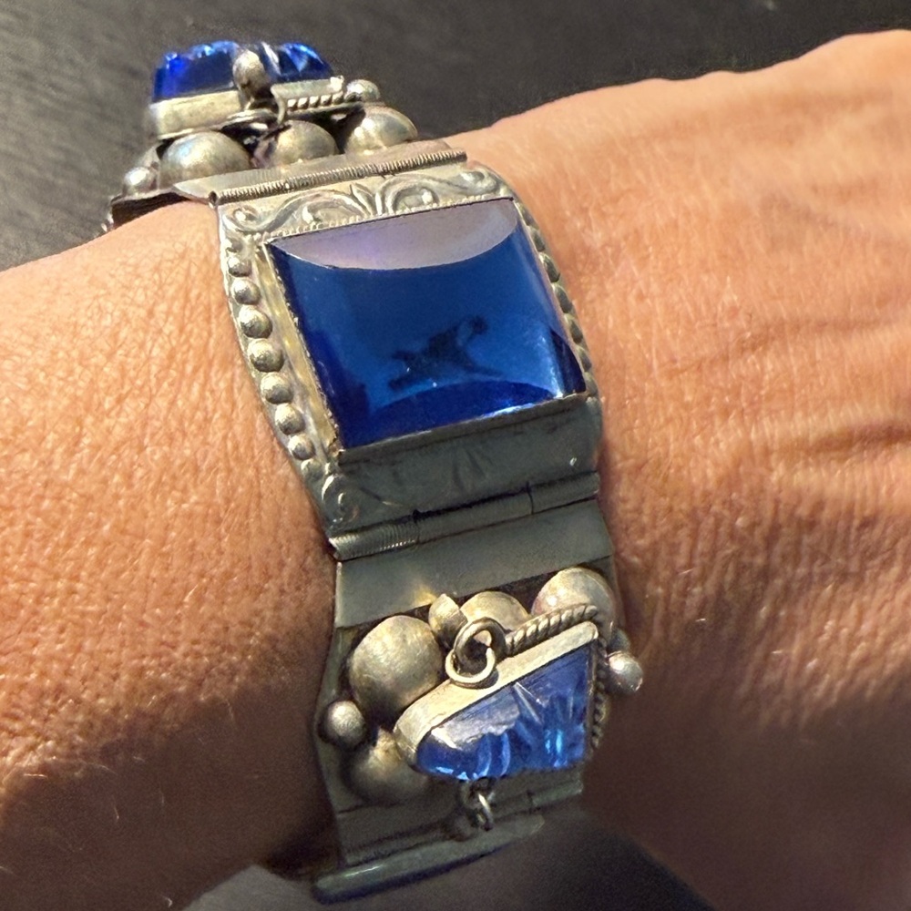 Taxco Mexico Blue Glass and Sterling 925 Vintage Taxco Silver Bracelet